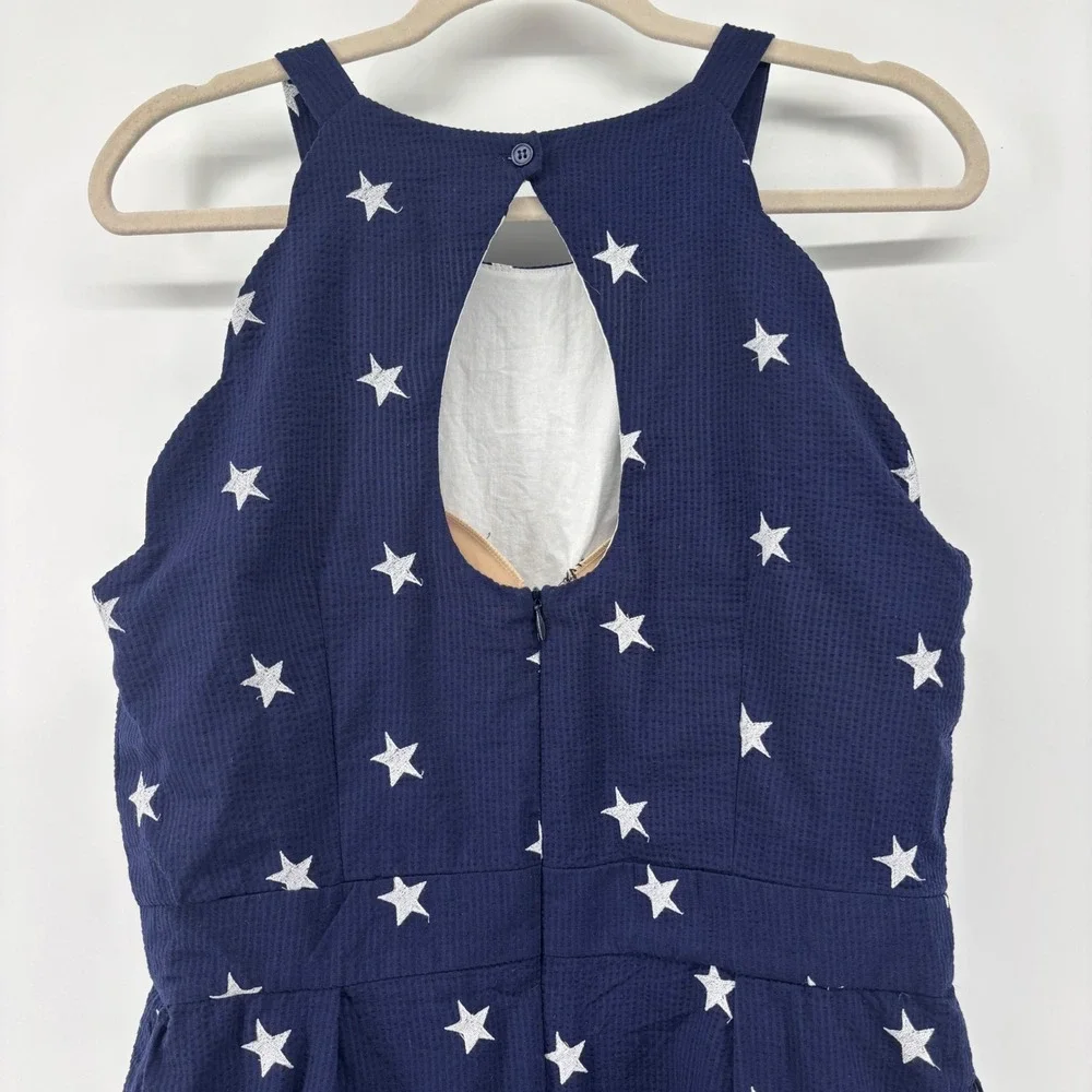 Lauren‎ James Navy Blue Seersucker Star Embroidered Scalloped Mini Dress Halter